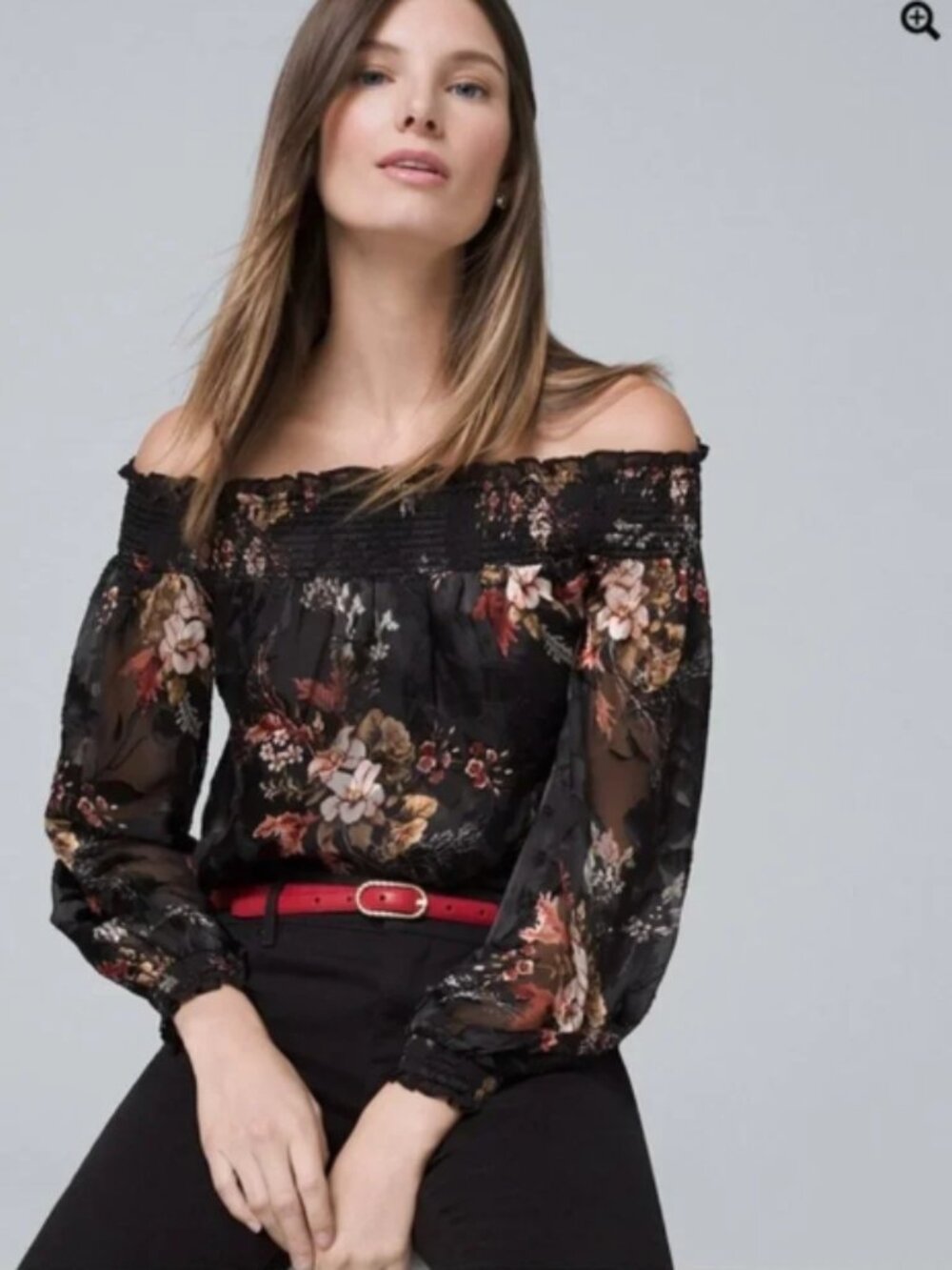 NWT WHBM Long Sleeve Smocked Off-the-Shoulder Burnout Silk Blend Blouse XS